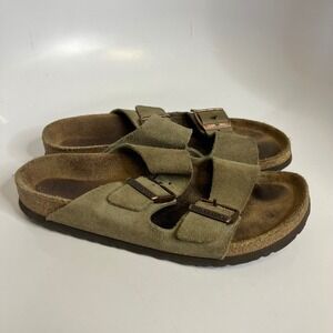 Birkenstock Arizona 2 strap slip on sandals slides tan green suede women size 38